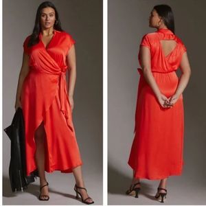 Anthropologie Maeve Coral Orange Silky Satin Wrap Maxi Dress Size XL